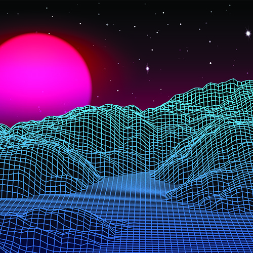 Neon grid soundscape rendered as landscape with purple sun. Music album cover